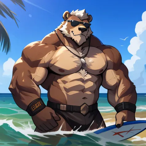 solo, 1boy, Huge Muscular Old Grizzly Bear wearing sunglasses, pectoral, huge pectoral, wide pectoral, short white hair, black swim trunks short black wristbands and shirtless topless, bearded, Moustache, surf board, background, masterpiece, high detailed,...
