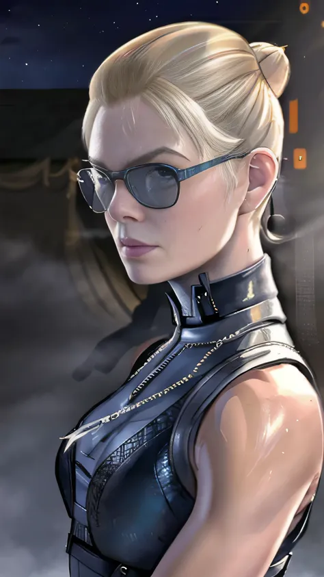 (elle fanning) as cassie cage from mortal kombat, blonde hair, undercut, single hair bun, dog tags, bodysuit, sunglasses, standi...