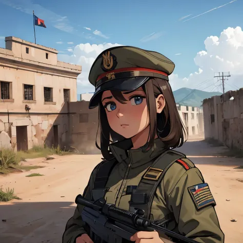 Chicas con uniformes militares, cascos puestos, armas listas, pueblos devastados, cielos oscuros, enojo, mirando abajo.