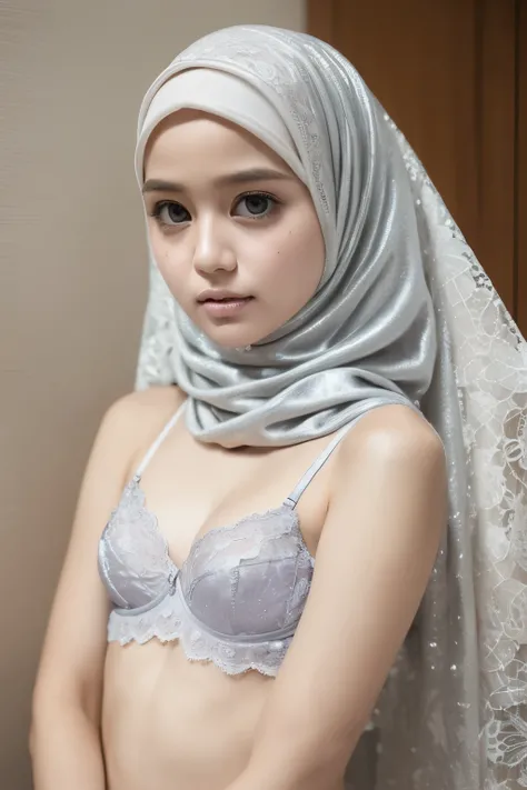 ((SLEEPING BEAUTY)), ((EYES WIDE )), ((OPEN BIG HUGE EYES)), ((FULL LACE)), Very Thin body (Wearing Bra Lingerie), (((HIJAB MALAY GIRL))), masutepiece, High quality, UHD 32K, Realistic face, Realistic skin feeling , A Malay Lady, 8 years old, , Very cute a...