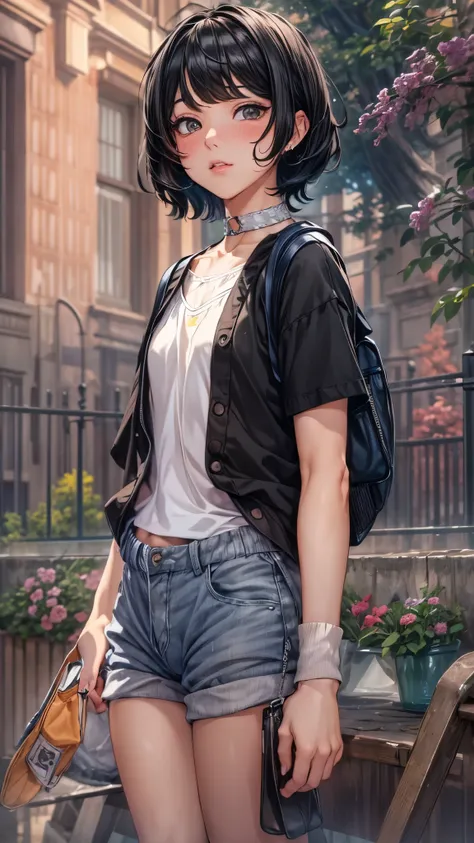 "best quality,ultra-detailed,((background:outside the park1,8)),(one boy),(full body),portraits,((sissy boy,tomboy,FemBoy,trap1,8)),((bulge1.8)),(natural makeup),black choker,necklace,earrings,(short black hair),boys face,boys body,((nose-blush)),((nervous...