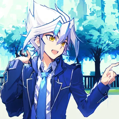 animado, a boy in a blue jacket and tie holding a cell phone, Hajime Yataté, key animado art, yugioh art style, handsome animado pose, trigger animado artstyle, nagito komaeda, estilo yugioh, tall animado guy with yellow eyes, kajika wataru, obra de arte d...