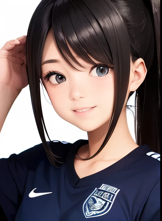 A beautiful black-haired soccer girl wearing a navy blue Avispa Fukuoka soccer uniform