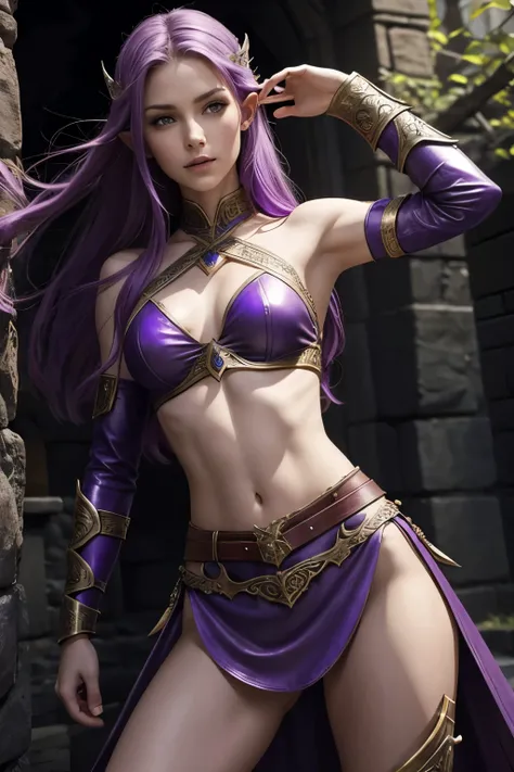 topless elven princess warrior clad in purple leather armor bare midriff and sharp sword 