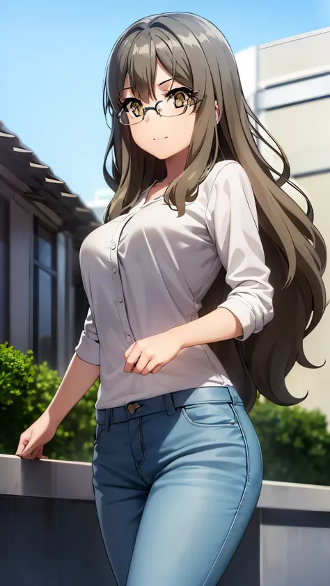 1 girl, alone,riofutaba, rio futaba, black-framed eyewear, (brown eyes:1.7), glasses, (grey hair:1.2), hair between eyes, over-rim eyewear, semi-rimless eyewear, long hair, sidelocks, smile, (pink blouse), white floral print, bare waist, tight blue jeans, ...