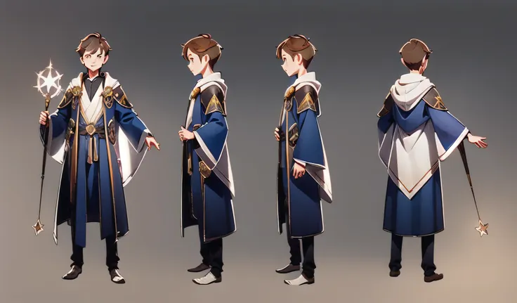 multi-angle, front view, side view, rear view, concept art, magic character design, 1 boy, brown hair, yes, short hair, magic no...