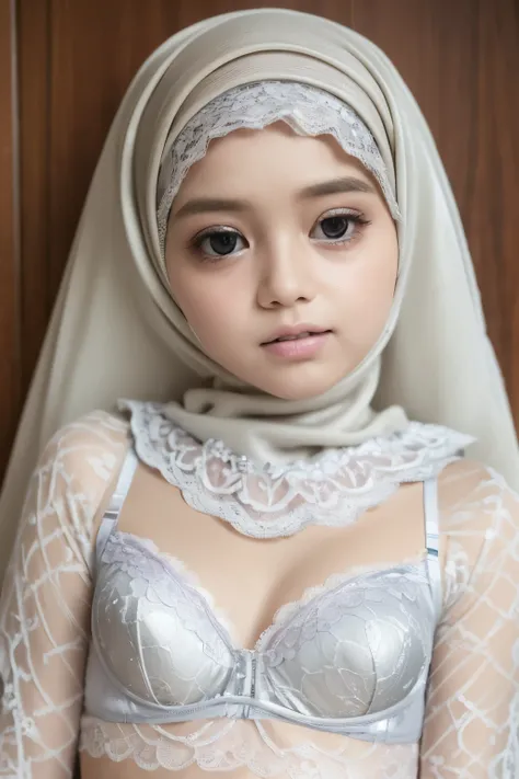 ((SLEEPING BEAUTY)), ((EYES WIDE )), ((OPEN BIG HUGE EYES)), ((FULL LACE)), Very Thin body (Wearing Bra Lingerie), (((HIJAB MALAY GIRL))), masutepiece, High quality, UHD 32K, Realistic face, Realistic skin feeling , A Malay Lady, 8 years old, , Very cute a...