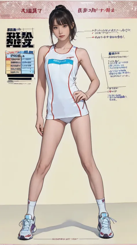 ((masterpiece)),(((highest quality))),((Character design sheet)),Thin thighs,Long legs,Its not a big deal ,Wearing a marathon uniform and marathon shoes