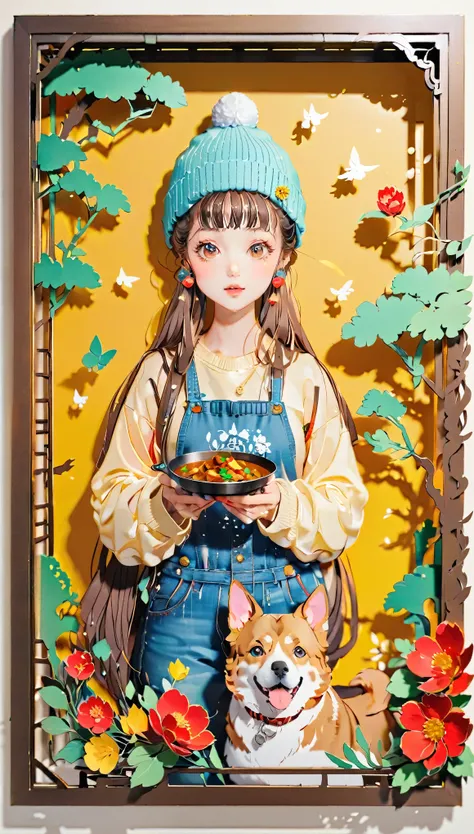 (((paper cutting style))), (frame of illustration is 3D paper cutting: 1.2), (colorful), 1 girl, brown long hair, curry long hair, knit cap, denim, shirts, 1 dog with girl