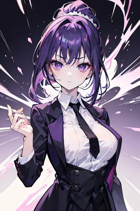 anime girl, dark purple hair, purple eyes with pink, pale skin, wearing a formal suit (white t-shirt with black tie),with a pony...