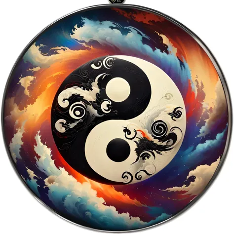 Yin symbol painting with sky as background, Ying and Yang, yinyang shaped, yin yang, Taoism, Inspired by Wu Wei, Harmony of Swirling Clouds, Duality, nonDuality, Rotation, spiritual imagination of Duality, Master of Taoism, Mysterious vortex, Inspired by R...