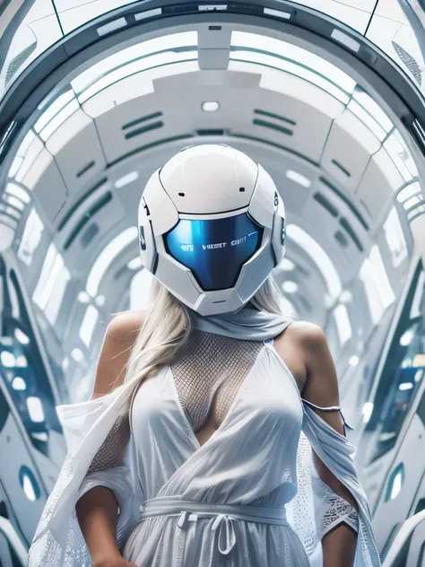 Full body. An ultra hot gorgeous European woman covered in loose clothing. White cotton veils. Large breast. ((Her face is hidden behind a futuristic helmet )).A sci-fi image. In an aseptic futuristic setting.