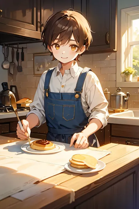 "A whimsical, storybook-style watercolor painting of a ((young boy)) with short brown hair and golden eyes, wearing a white shirt and a dark apron. He is holding a cookie and smiling warmly. The scene includes a stack of pancakes dripping with colorful syr...