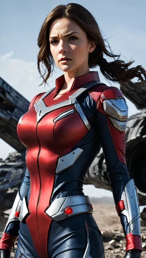 Superwoman High quality gun-equipped female protagonist、Boldly placed in front of a devastatingly destroyed spaceship、It&#39;s reminiscent of the official character art。On a desolate background、Dust from a once thriving galaxy々The remains of the、It reminds...