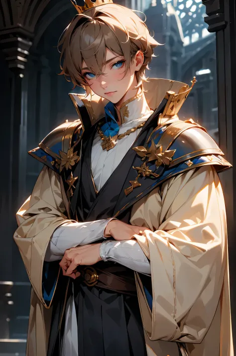 male character, royalty, prince, short hair, cold gaze, medieval aesthetics, luxurious clothes, looking down, armor pieces, crown, cold colors, celshaded, ashy colors, mysterious vibe, sharp eyes, bishonen, dark ashy brown hair, blue eyes, condescending po...