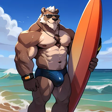 solo, 1boy, Huge Muscular Old Grizzly Bear wearing sunglasses, pectoral, huge pectoral, wide pectoral, short white hair, black competitive briefs short black wristbands and shirtless topless, bearded, Moustache, surf board, background, masterpiece, high de...