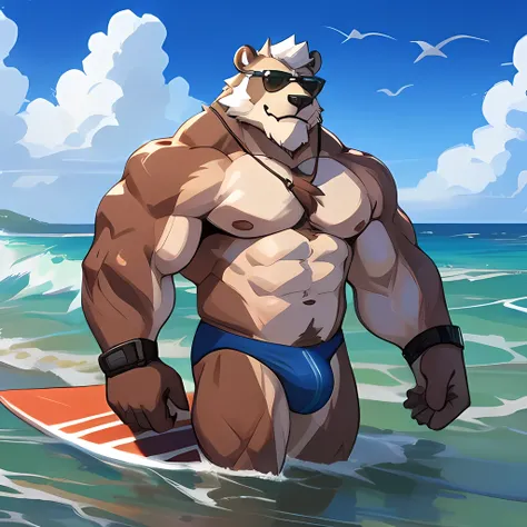 solo, 1boy, Huge Muscular Old Grizzly Bear wearing sunglasses, pectoral, huge pectoral, wide pectoral, short white hair, black competitive briefs short black wristbands and shirtless topless, bearded, Moustache, surf board, background, masterpiece, high de...