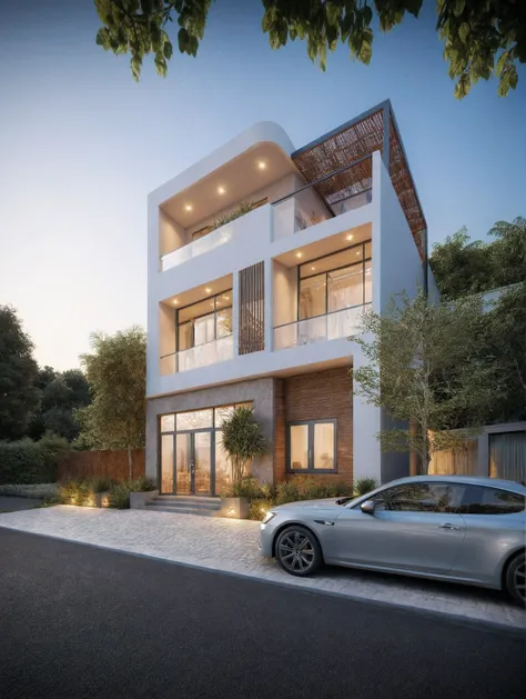 Modern villa, (modern style:1.2), exterior design, perspective view, (block sidewalks and asphalt roads), (next door neighbors house), (day light sky background), Low trees around the house, overall peaceful atmosphere cinematic photo, (Neutral lighting is...