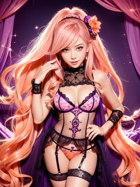 ultra realistic girl, smiling face, sparkling orange and pink diamond jewelry, orange and pink ombre flowers background, portrait, halloween, goth, gyaru, very long purple flowing hair, garter belt, ultra detailed cute lack lace underwear, sweet and sexy, ...