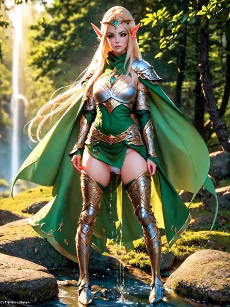 (masterpiece, clean, 8K, high res), pov, from front, full body portrait of a beautiful woman, extremely detailed face, slender body, narrow waist, bright golden hair, small breasts,  wearing intricate green and white armor, ((elven chest armor, armored bra...