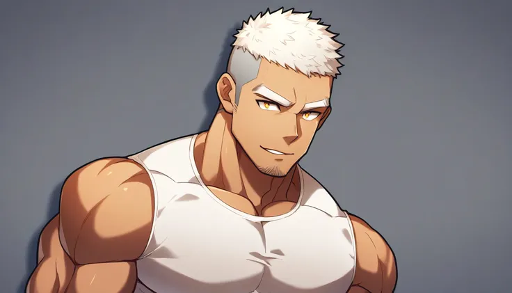 anime characters:Gyee, Fitness coach, Shining black skin, 1 muscular tough guy, Manliness, male focus, Cream White Sleeveless Tight T-Shirt, Very tight, The pectoral muscles are oversized, Slightly transparent, muscular male, muscular, only, Upper body, al...