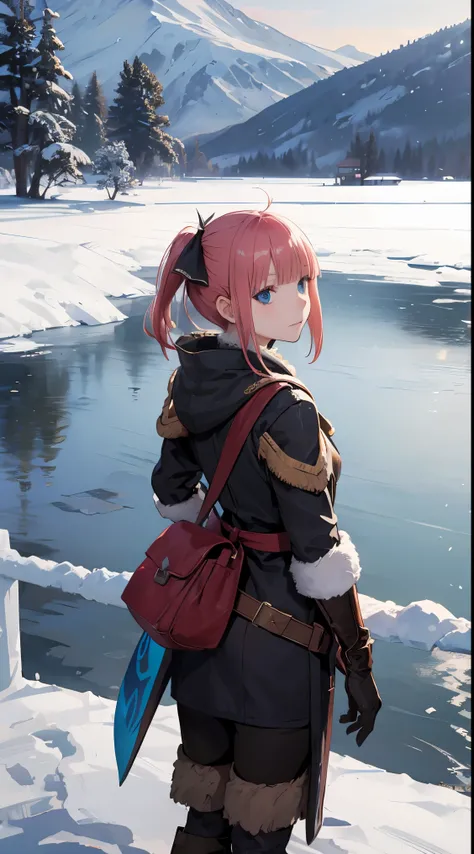 Nino Nakano, armadura abrigada de monster hunter,lago de hielo noche