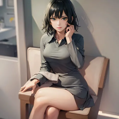 (masterpiece, best quality:1.2), solo, 1girl, fubuki, unamused, closed mouth, looking at viewer, hand on own face, sitting, crossed legs, collared shirt, necktie, skirt,green hair, green eyes,big thighs 