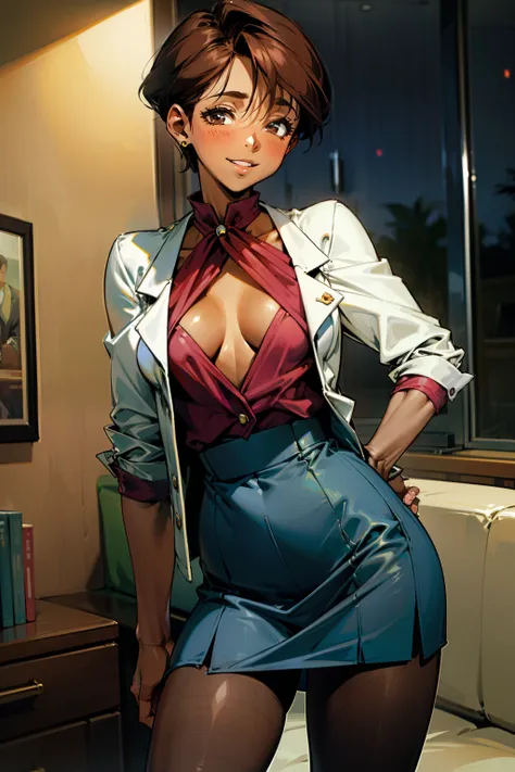 Night time, heat after rape,(Masterpiece), Best Quality, ultra-detailed, MIZUKITO, TAN, dark skin, naked body, EARRINGS, slender and sexy body, nude, 1girl, solo, business suits,  jacket(dark blue, closed), breasts,  tight skirt(dark blue),  brown pantyhos...