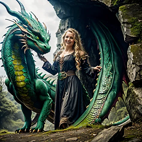 das bild zeigt eine frau und einen drachen, the woman is a 22 year old woman, (she stands next to a mighty green dragon:1.5), (d...