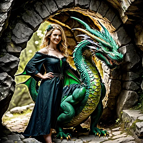 das bild zeigt eine frau und einen drachen, the woman is a 22 year old woman, (she stands next to a mighty green dragon:1.5), (d...