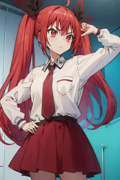 1 girl, annoyed face, simple style, red hair, twintails, white shirt, black tie, red skirt.