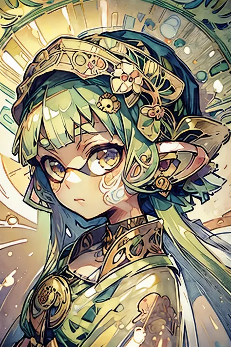 ((Detailed face)),((Mucha's style)),(Portraiture), Real、(((Splatoon Girl)))、(Muscular),gigantic breast、Golden tentacle hair,(Medieval male soldier cosplay), Golden Eyes、Slender face、(In the background is Mucha),(High position:1.8)、smile、