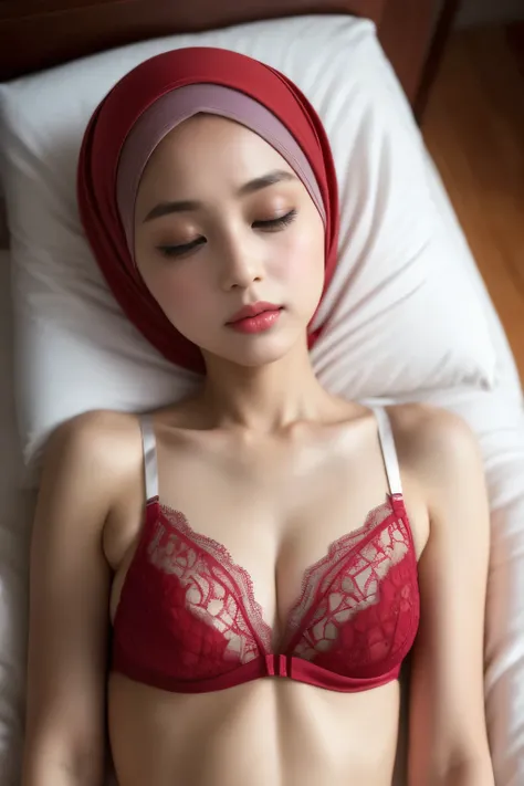 ((sleeping beauty)), ((eyes wide )), ((open big huge eyes)), ((full lace)), very thin body (wearing bra lingerie), (((hijab mala...