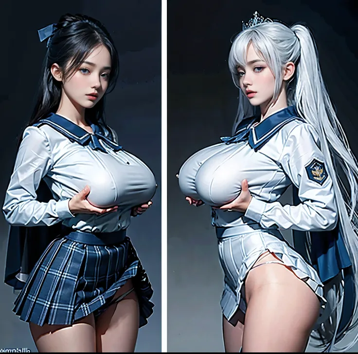 Highest quality, 8K quality, Masterpiece, Two busty women standing side by side facing this way, (Super big breasts compressed by clothes:1.2), Whitening skin, Sparkling Blue Eyes, Sailor collar uniform, Pleated skirt, Above the knee, Skirtliftv1, (Super b...