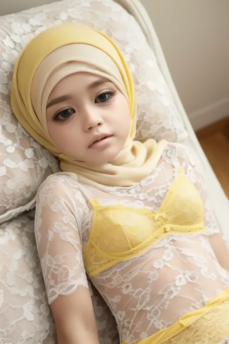 ((SLEEPING BEAUTY)), ((EYES WIDE )), ((OPEN BIG HUGE EYES)), ((FULL LACE)), Very Thin body (Wearing Bra Lingerie), (((HIJAB MALAY GIRL))), masutepiece, High quality, UHD 32K, Realistic face, Realistic skin feeling , A Malay Lady, 8 years old, , Very cute a...