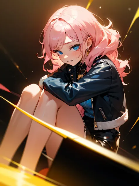 solo, swept bang, crossed bangs, pink beige hair, curly wavy parted braid long hair, triumphant expression,Eye shadow, older sisters features, grin,blue eyes, impression of pride, (lite pink sweater), black leather jacket, girlishness, Rose, Lolita punk, e...