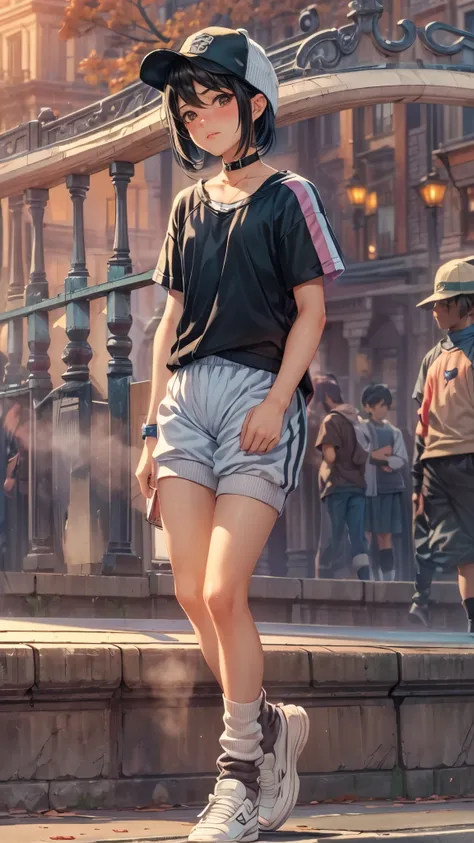 "best quality,ultra-detailed,((background:outside the park1,8)),(one boy),(full body),portraits,((sissy boy,tomboy,FemBoy,trap1,8)),((bulge1.8)),(natural makeup),black choker,necklace,earrings,(baseball cap),(short black hair),boys face,boys body,((nose-bl...