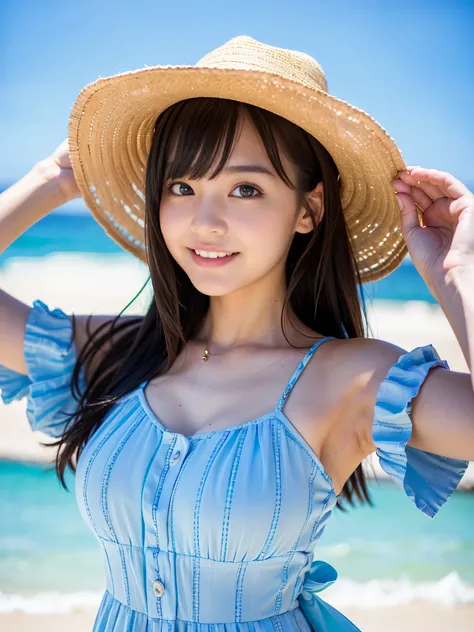 (Best-quality, Masterpiece, Ultra-High-Resolution, (Photorealistic:1.4), Raw Photo, depth of field, professional lighting, perfect anatomy, extremely details), 1girl, 15-years-old, the most famous Japanese idol, (wearing summer-dress with beautiful-design)...