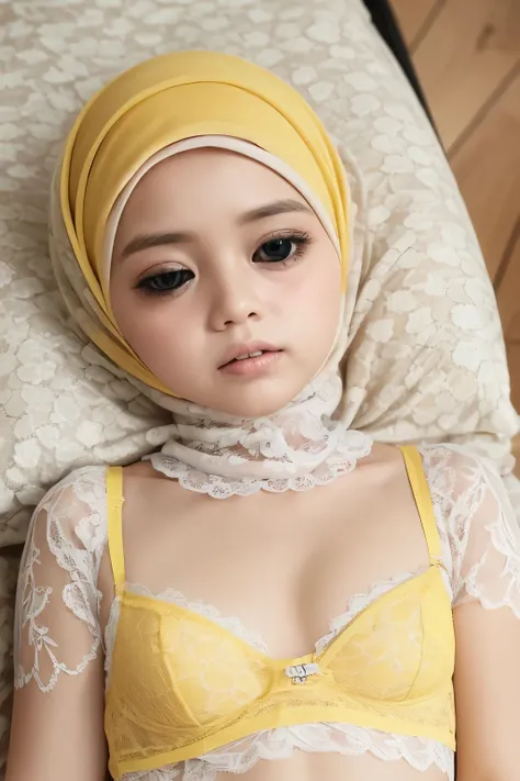 ((SLEEPING BEAUTY)), ((EYES WIDE )), ((OPEN BIG HUGE EYES)), ((FULL LACE)), Very Thin body (Wearing Bra Lingerie), (((HIJAB MALAY GIRL))), masutepiece, High quality, UHD 32K, Realistic face, Realistic skin feeling , A Malay Lady, 8 years old, , Very cute a...