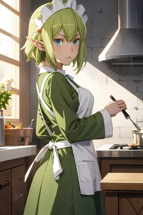 masterpiece,best quality,anime,2d,detailed face, 1girl, solo, pointy ears, blue eyes,green hair, looking at viewer, apron, short hair, maid headdress, holding, dress, green dress, standing, from side, maid, long sleeves, indoors, white apron, elf,medium br...
