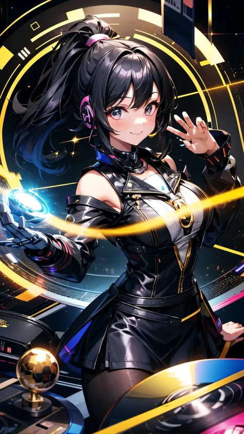 DJ,ponytail,1 person,club house,Turntable,Mirror ball,smile,headphone,Raise one hand,high school girl,Black Hair,No sleeve,Black Pantyhose,front,Mechanical Girl,Near future