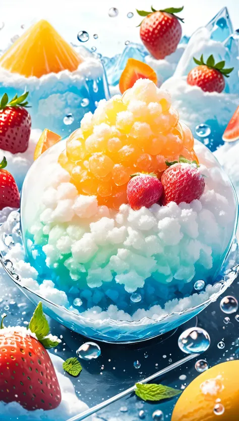 best quality, super fine, 16k, 2.5D, delicate and dynamic, shaved ice, ice processed to look like fluffy powdered snow, ice country, ice kingdom, overflowing with ice, water droplets, strawberry-colored syrup, melon-colored syrup, orange syrup, mint-colore...