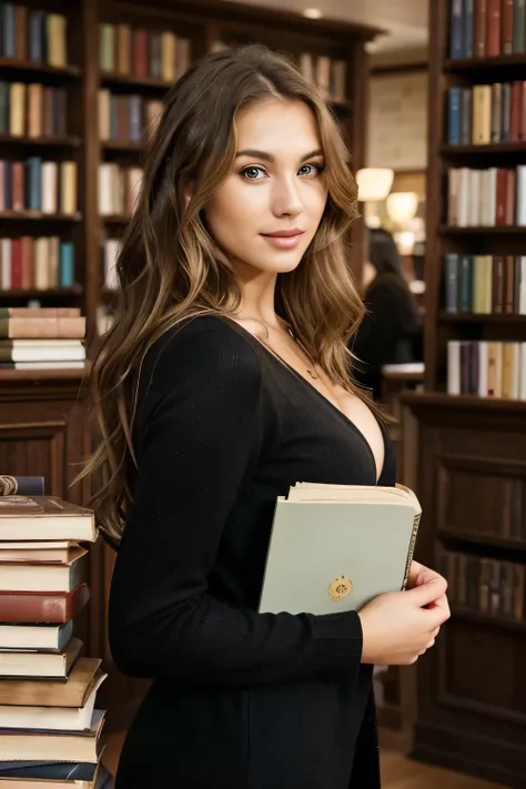 woman, a striking 22-year-old American model with light brown hair , wavy hair, 172 height, full body photo, mix face veronika bielik, danusia draghici face, cute faces, girlfriend, blonde and attractive features, attractive girl Capture her in a cozy book...