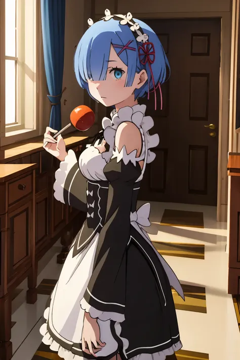 masterpiece,best quality,anime,2d,detailed face, ph_rem, remhd, 1girl, blue hair, solo, blue eyes, x hair ornament, looking at viewer, apron, maid headdress, holding, dress, green dress, standing, from side, maid, long sleeves, indoors, white apron, medium...