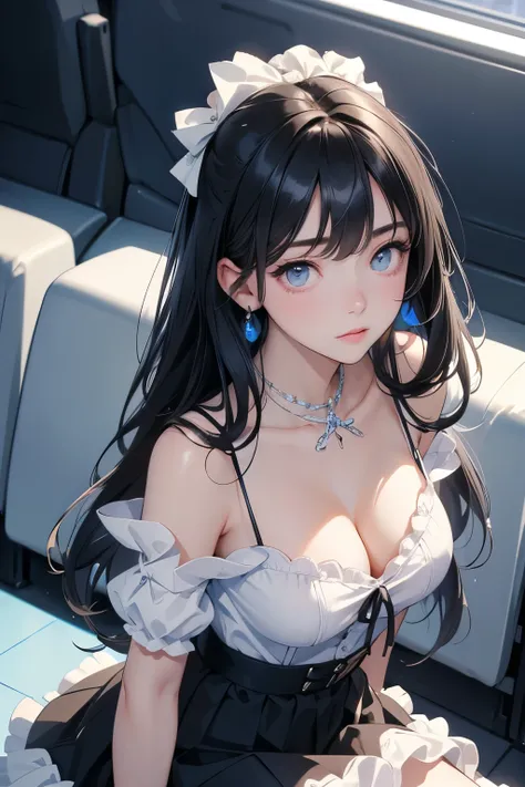 １０Teenager Black Hair Girl、White camisole、Pale blue frilly mini skirt、high resolution、Beautiful face in every detail、Looking from above、Inside the movie theater、Beautiful cleavage、Look at me with a sweet face、high quality、Arms folded in front of him, hands...