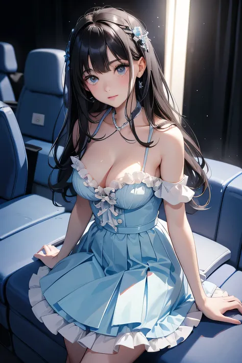 １０Teenager Black Hair Girl、White camisole、Pale blue frilly mini skirt、high resolution、Beautiful face in every detail、Looking from above、Inside the movie theater、Beautiful cleavage、Look at me with a sweet face、high quality、Arms folded in front of him, hands...