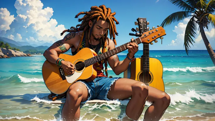 jamaican reggae dJ with dreads sitting on the shore playing guitar
jamaican reggae dJ with dreads playing an acoustic guitar in front of the ocean
the rap album cover is a picture of the guy with dreadlocks playing the guitar