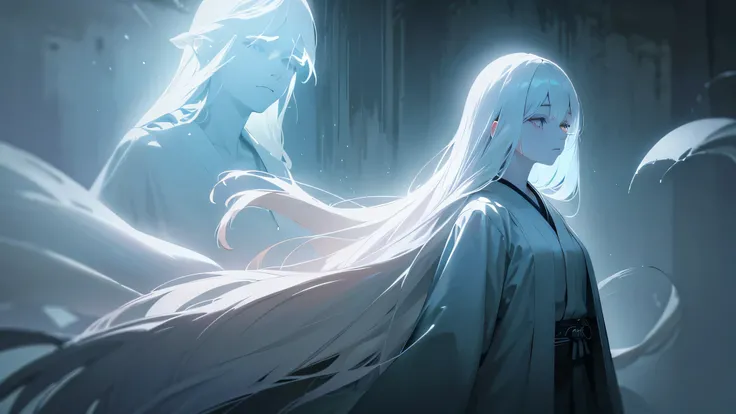 a beautiful ghostly girl with long white hair and black eyes, wearing a white dress, with an eerie supernatural aura, floating in a traditional Japanese room, (best quality,4k,8k,highres,masterpiece:1.2),ultra-detailed,(realistic,photorealistic,photo-reali...