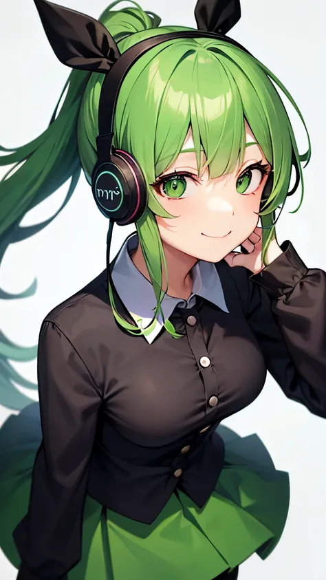 ponytail,1 person,smile,headphone,high school girl,Green Hair,No sleeve,Black Pantyhose,highest quality,High resolution,Droopy eyes,Green Eyes,uniform,Straight bangs,Black and green outfit,Big Breasts,smile,mini skirt,Deformation