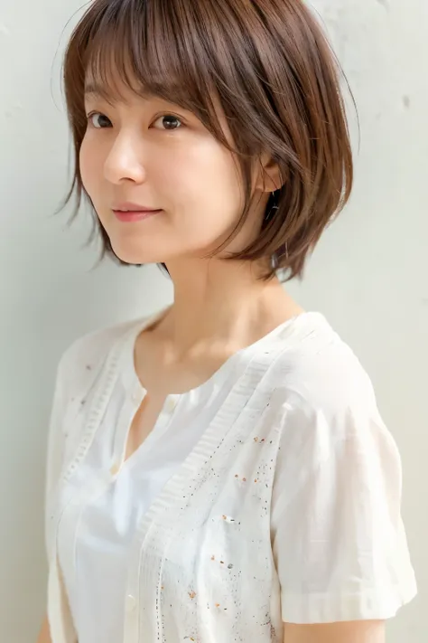 a thin japanese woman in her 40s, good wife, cute face, detailed face, fine grain, neat, short sleeve white shirt, early summer,...